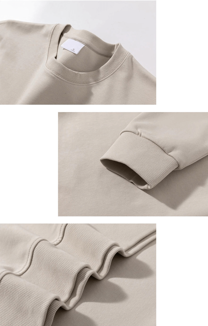 Women's O-neck sweatshirt, casual loose fit in beige, showcasing neckline, cuff, and hem details, made from breathable cotton-polyester blend.